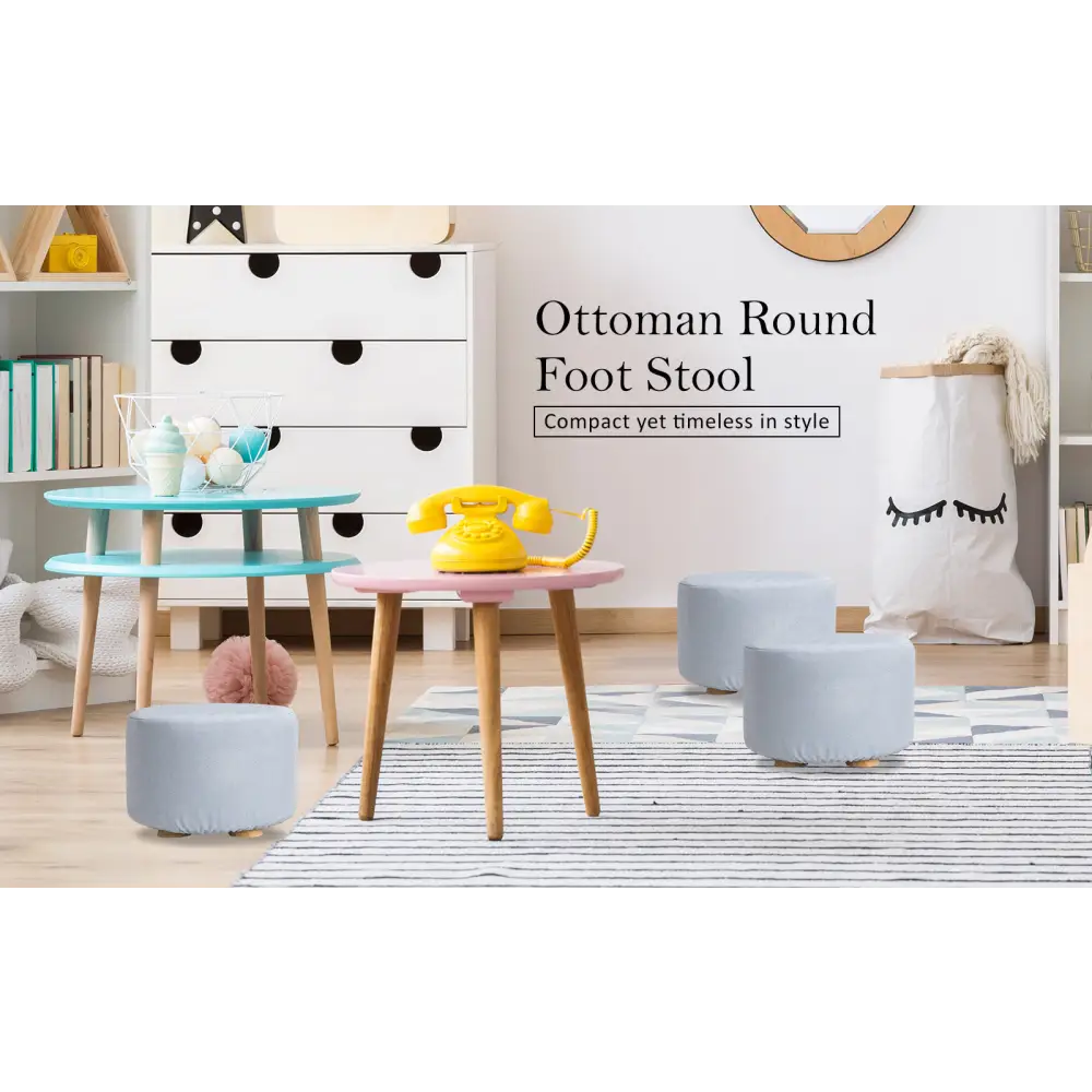 2X Fabric Ottoman Round Wooden Leg Foot Stool - LIGHT BLUE - Furniture > Living Room