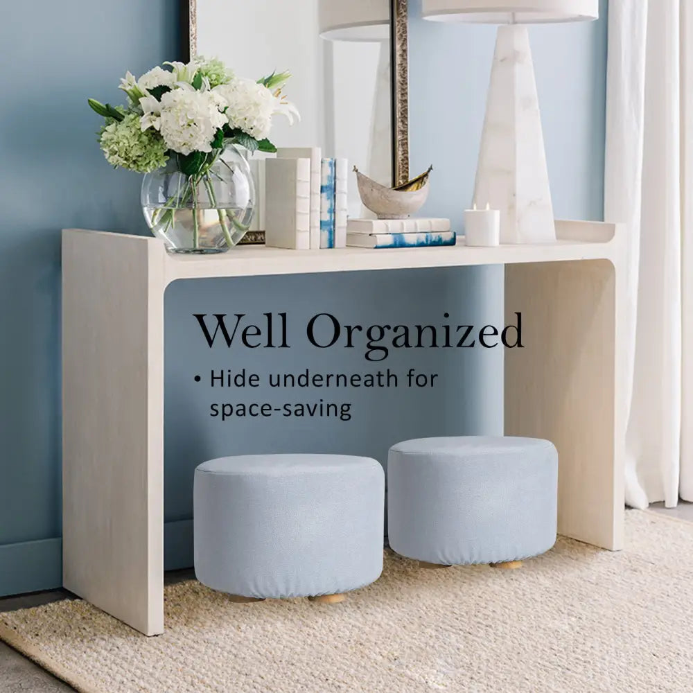 2X Fabric Ottoman Round Wooden Leg Foot Stool - LIGHT BLUE - Furniture > Living Room