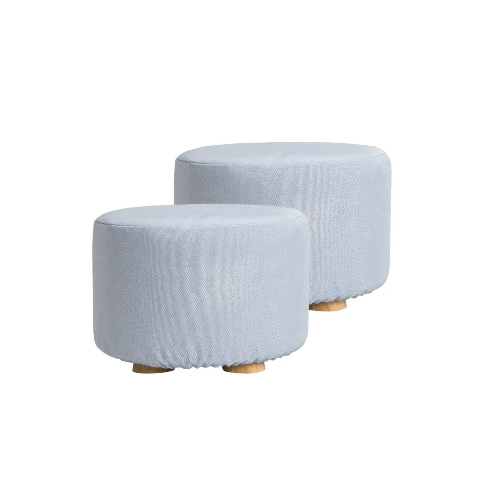 2X Fabric Ottoman Round Wooden Leg Foot Stool - LIGHT BLUE - Furniture > Living Room