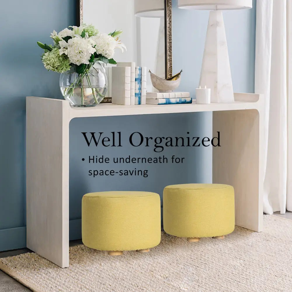 2X Fabric Ottoman Round Wooden Leg Foot Stool - Mustard Yellow - Furniture > Living Room > Ottomans & Footstools