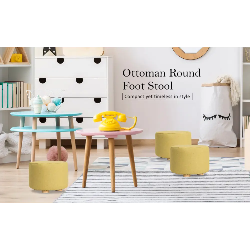2X Fabric Ottoman Round Wooden Leg Foot Stool - Mustard Yellow - Furniture > Living Room > Ottomans & Footstools