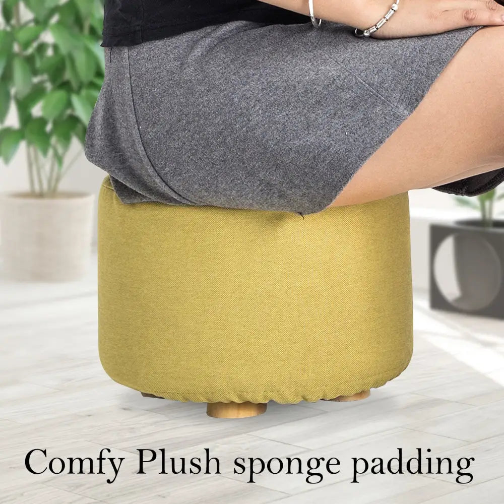 2X Fabric Ottoman Round Wooden Leg Foot Stool - Mustard Yellow - Furniture > Living Room > Ottomans & Footstools