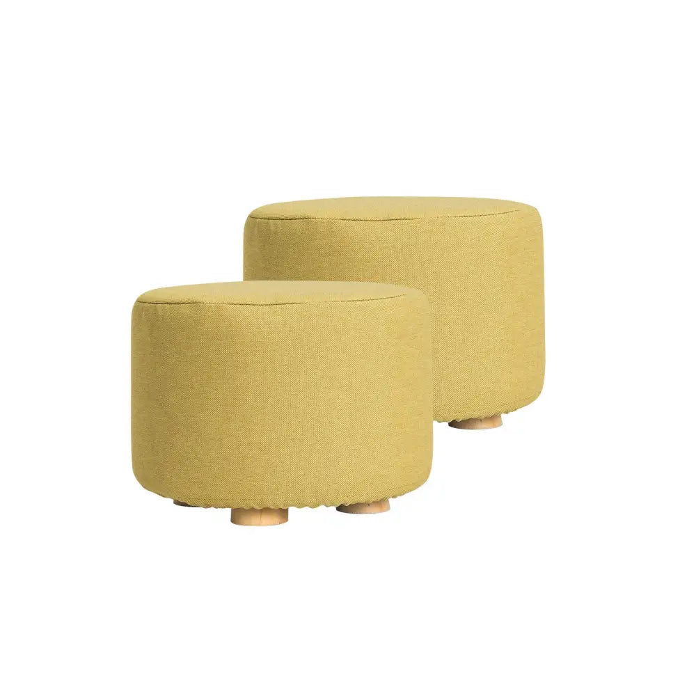 2X Fabric Ottoman Round Wooden Leg Foot Stool - Mustard Yellow - Furniture > Living Room > Ottomans & Footstools