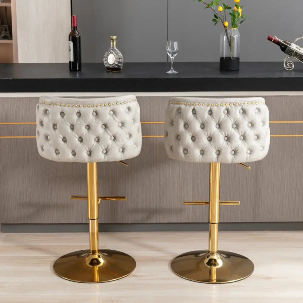 2x Faux Leather Golden Base Swivel Bar Stools- Beige - Furniture > Bar Stools & Chairs