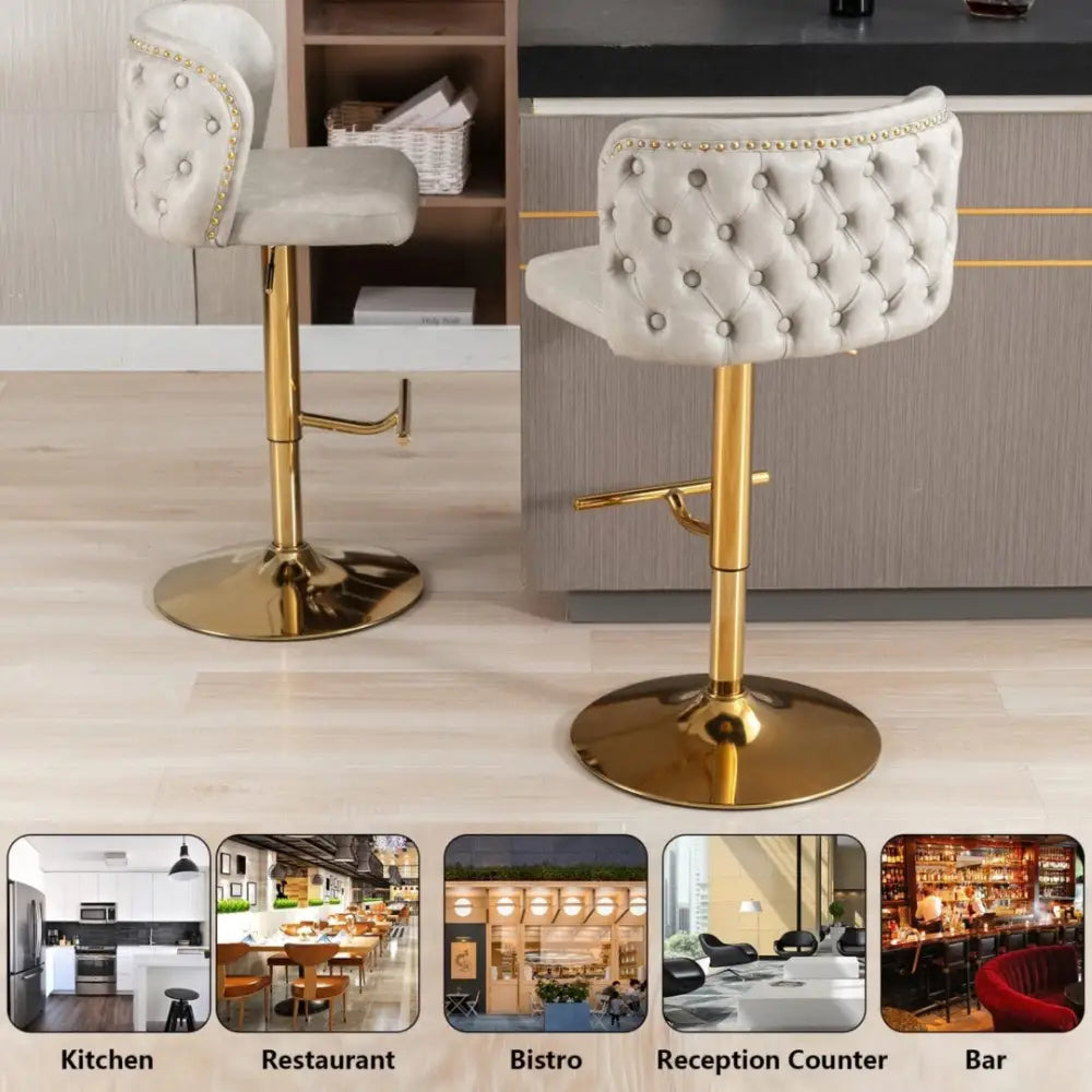 2x Faux Leather Golden Base Swivel Bar Stools- Beige - Furniture > Bar Stools & Chairs