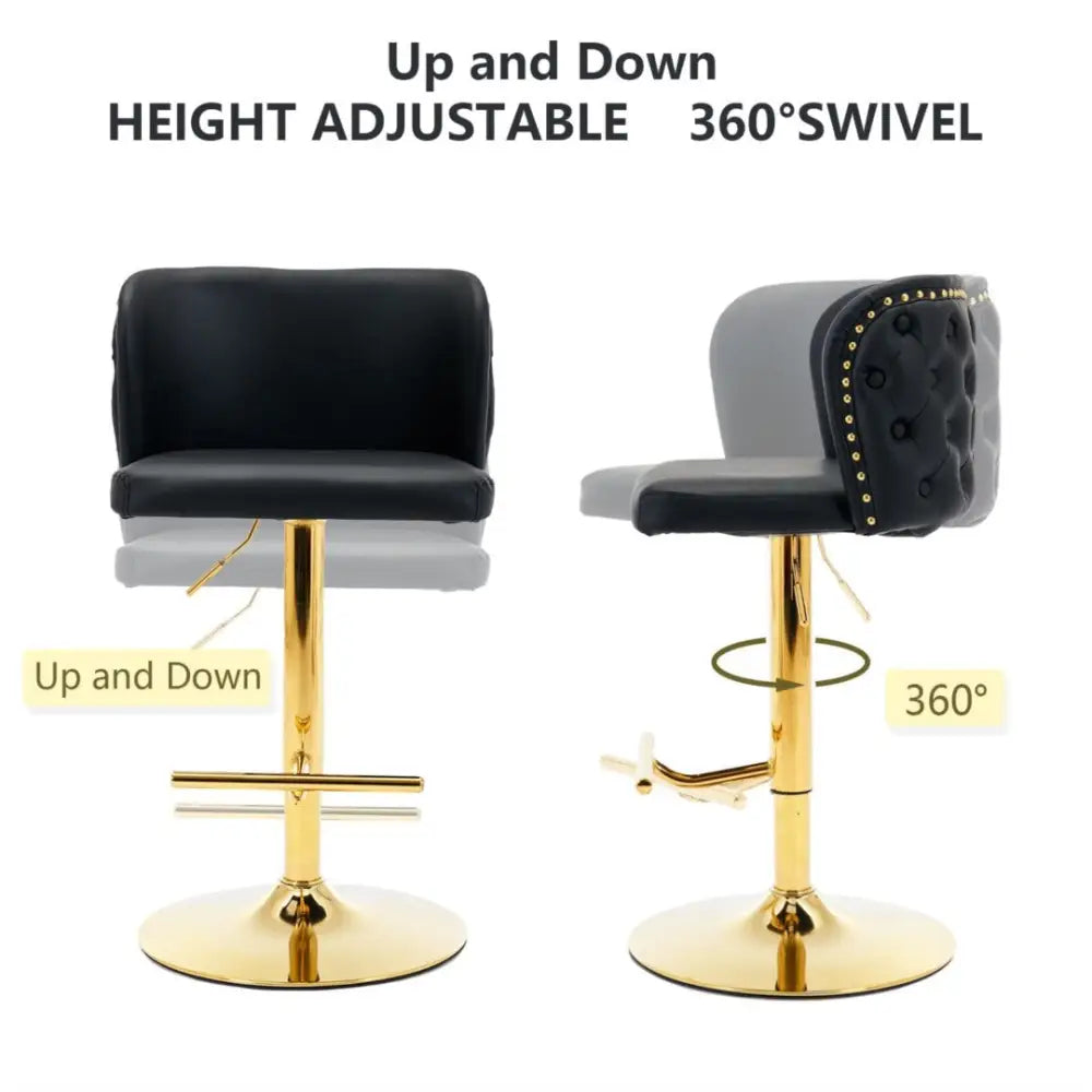 2x Faux Leather Golden Base Swivel Bar Stools- Black - Furniture > Bar Stools & Chairs