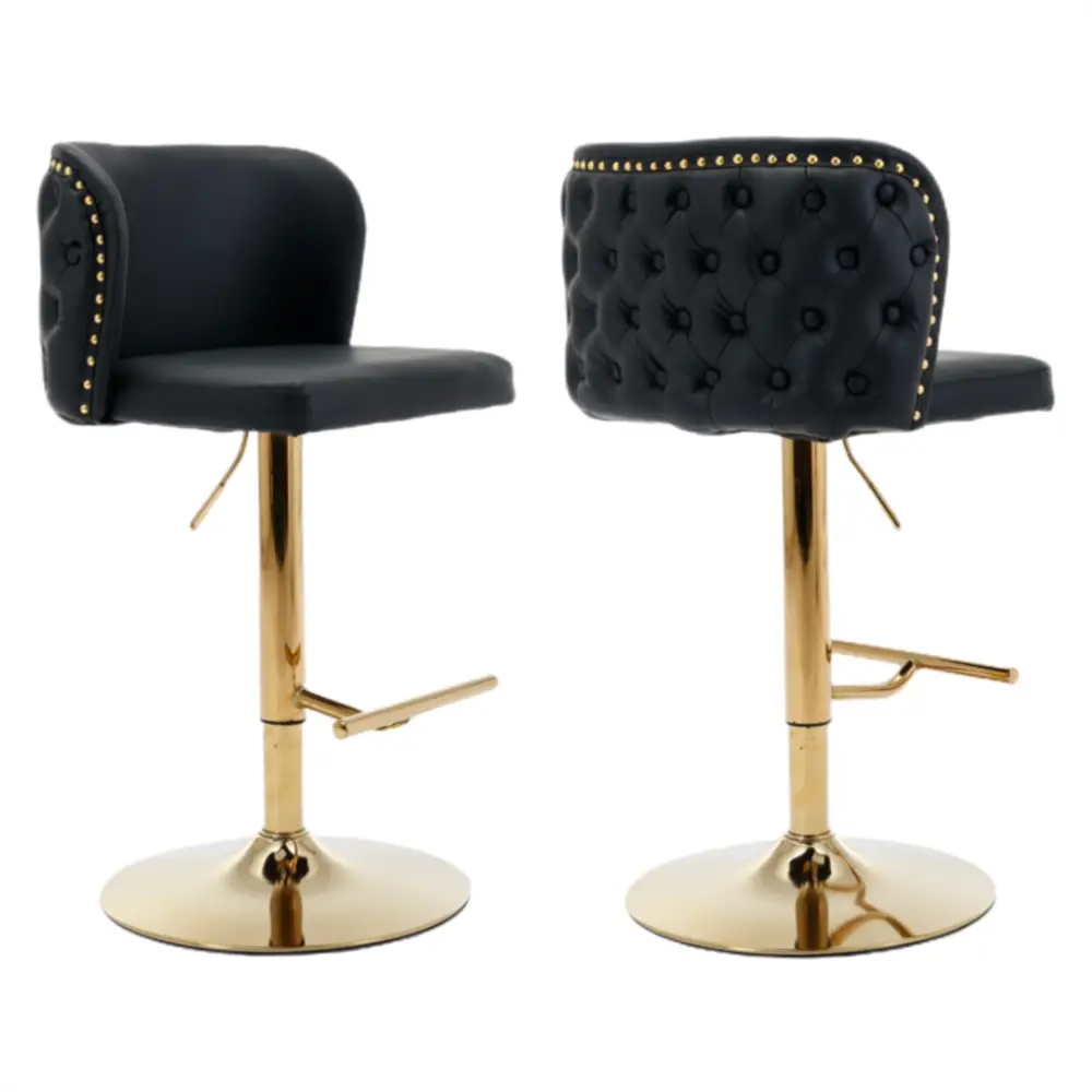 2x Faux Leather Golden Base Swivel Bar Stools- Black - Furniture > Bar Stools & Chairs