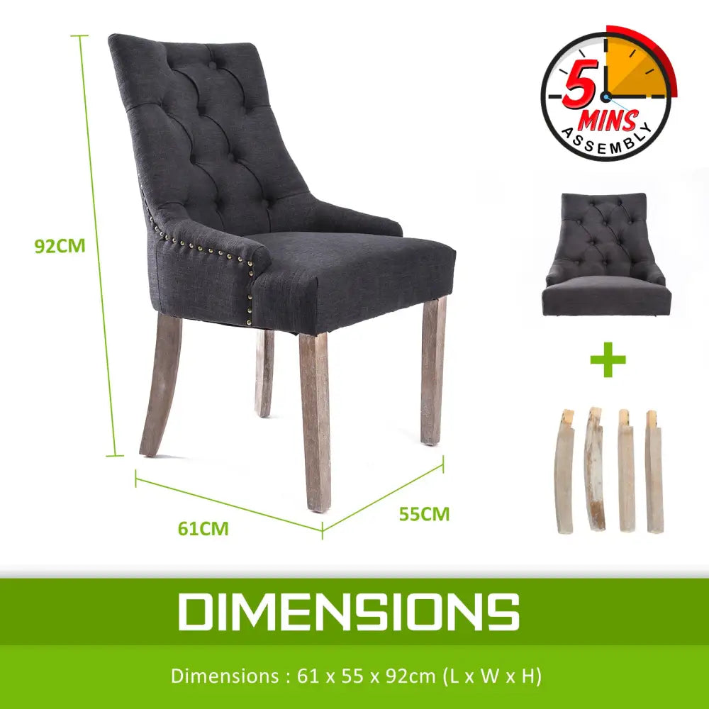 2X French Provincial Dining Chair Oak Leg AMOUR BLACK - Furniture > Bar Stools & Chairs