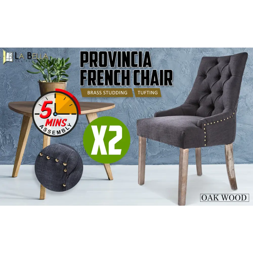 2X French Provincial Dining Chair Oak Leg AMOUR BLACK - Furniture > Bar Stools & Chairs