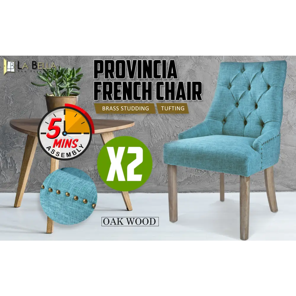 2X French Provincial Dining Chair Oak Leg AMOUR BLUE - Furniture > Bar Stools & Chairs