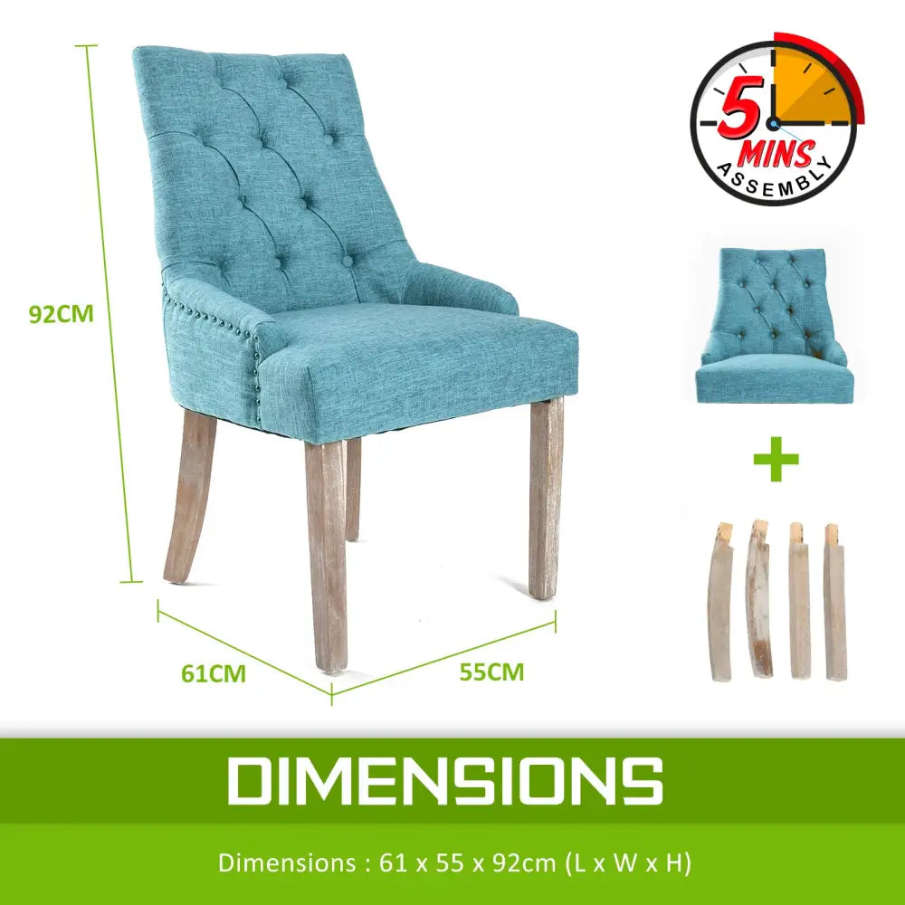 2X French Provincial Dining Chair Oak Leg AMOUR BLUE - Furniture > Bar Stools & Chairs