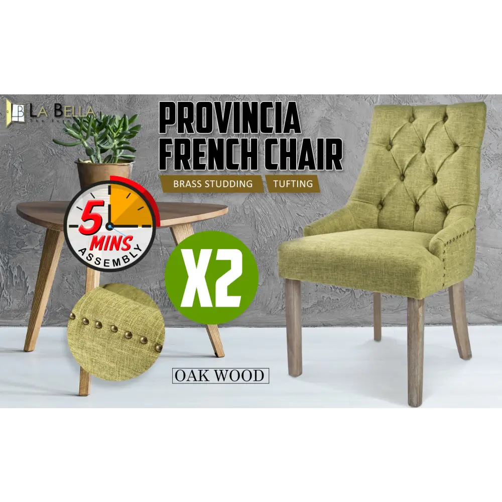 2X French Provincial Dining Chair Oak Leg AMOUR GREEN - Furniture > Bar Stools & Chairs