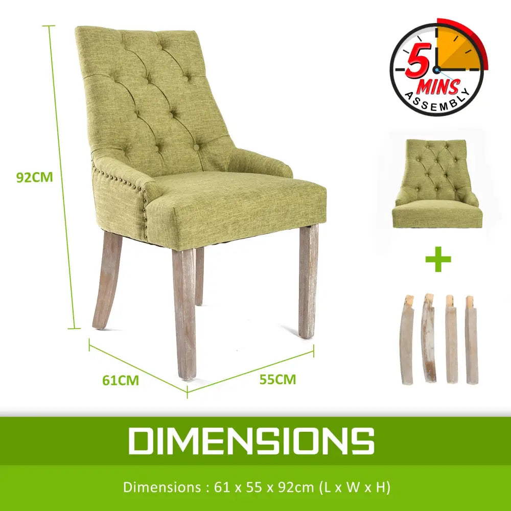 2X French Provincial Dining Chair Oak Leg AMOUR GREEN - Furniture > Bar Stools & Chairs
