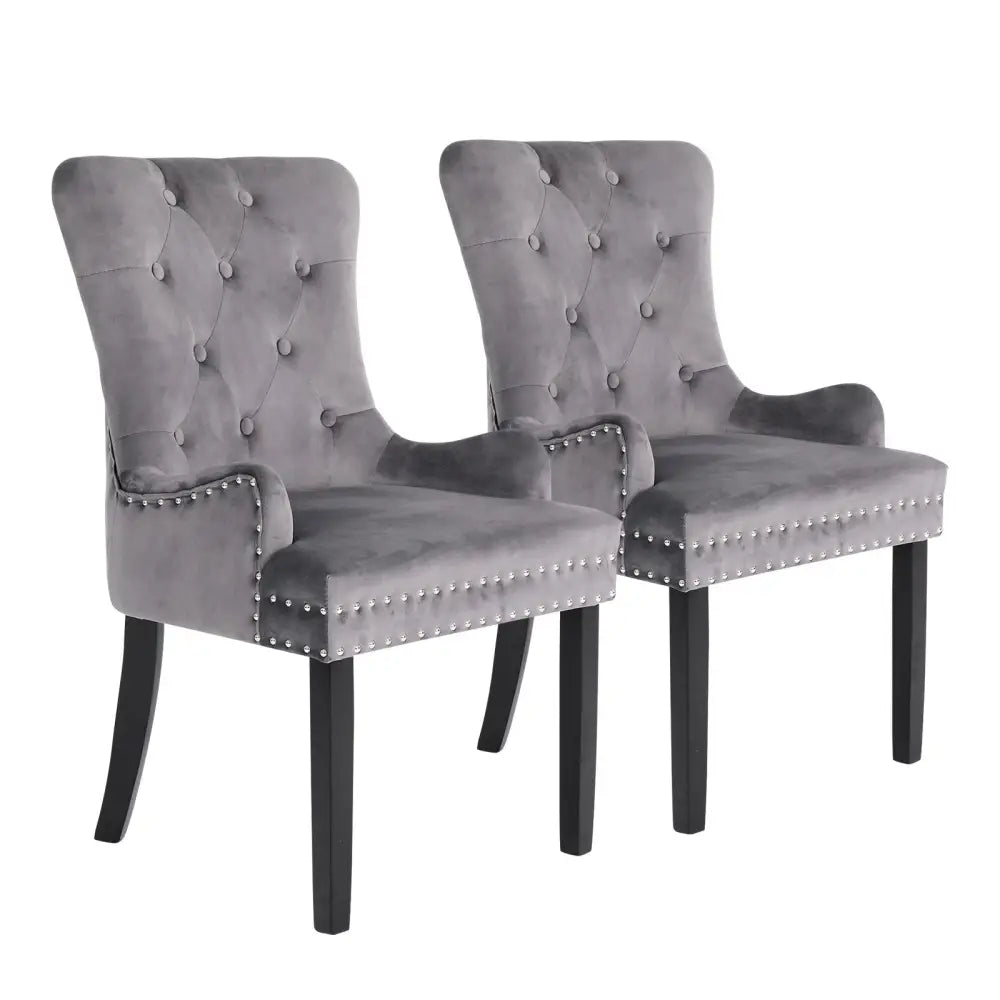 2X French Provincial Dining Chair Ring Studded Velvet Rubberwood Leg LISSE GREY - Furniture > Bedroom > Bedside Tables