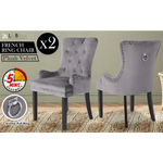 2X French Provincial Dining Chair Ring Studded Velvet Rubberwood Leg LISSE GREY - Furniture > Bedroom > Bedside Tables