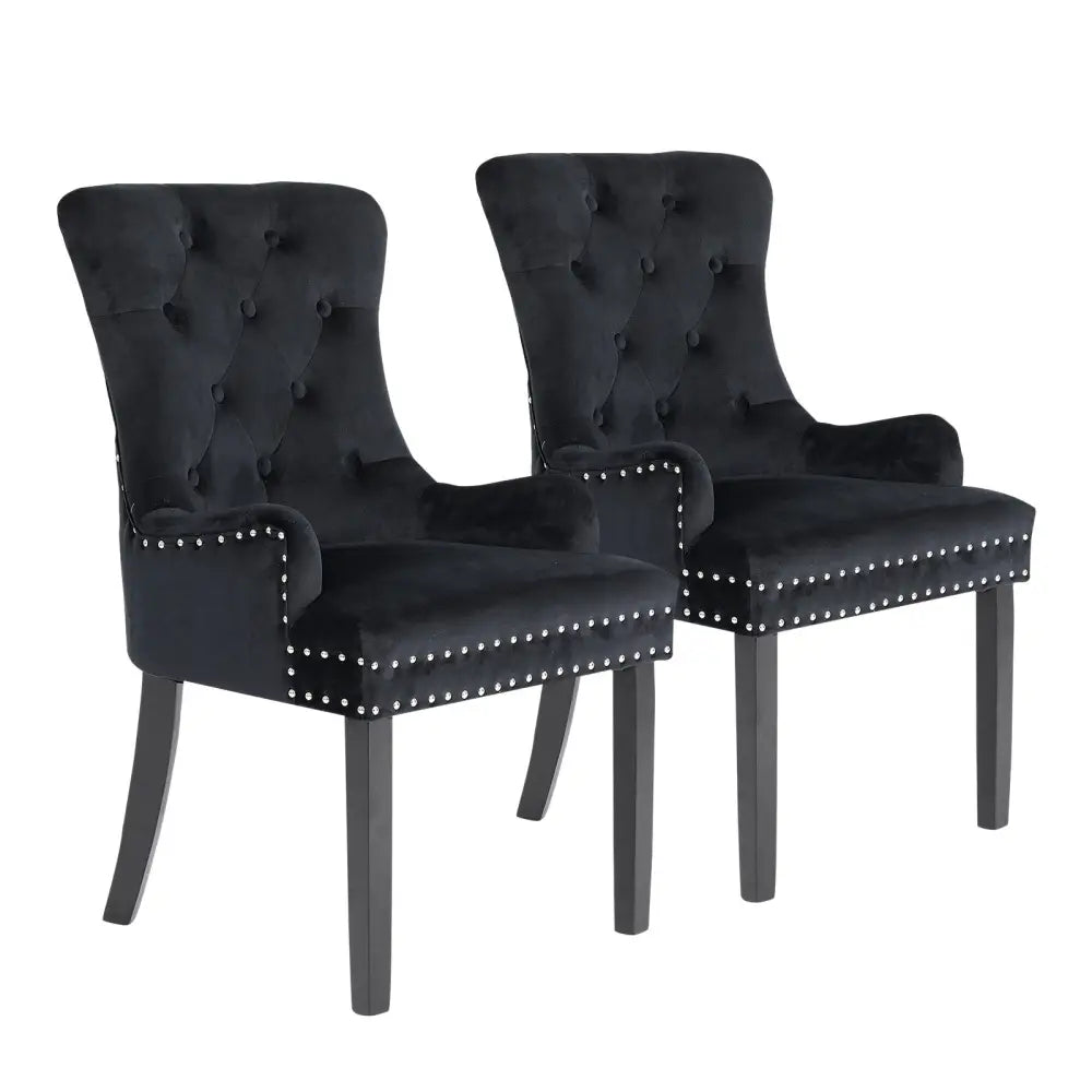 2X French Provincial Dining Chair Ring Studded Velvet Rubberwood Leg LISSE BLACK - Furniture > Bedroom > Bedside Tables