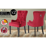 2X French Provincial Dining Chair Ring Studded Velvet Rubberwood Leg LISSE BORDEAUX RED - Furniture > Bar Stools &