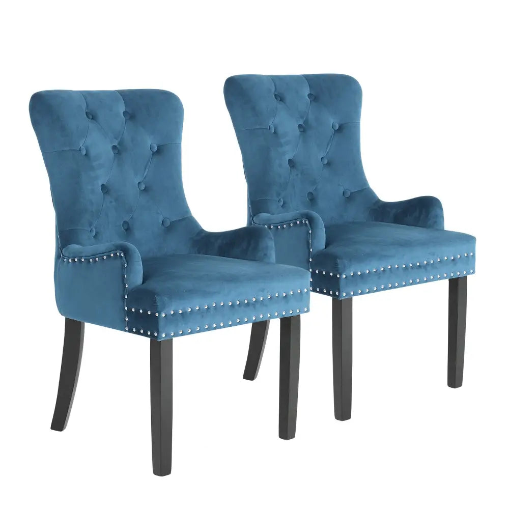 2X French Provincial Dining Chair Ring Studded Velvet Rubberwood Leg LISSE NAVY BLUE - Furniture > Bedroom > Bedside