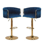2x Height Adjustable Blue Swivel Bar Stool Velvet Golden Round Base Barstools Chairs - Furniture > Bar Stools & Chairs