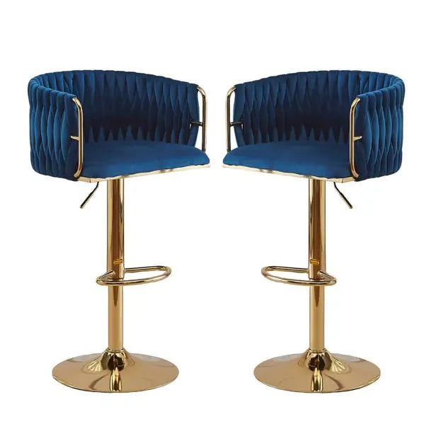 2x Height Adjustable Blue Swivel Bar Stool Velvet Golden Round Base Barstools Chairs - Furniture > Bar Stools & Chairs