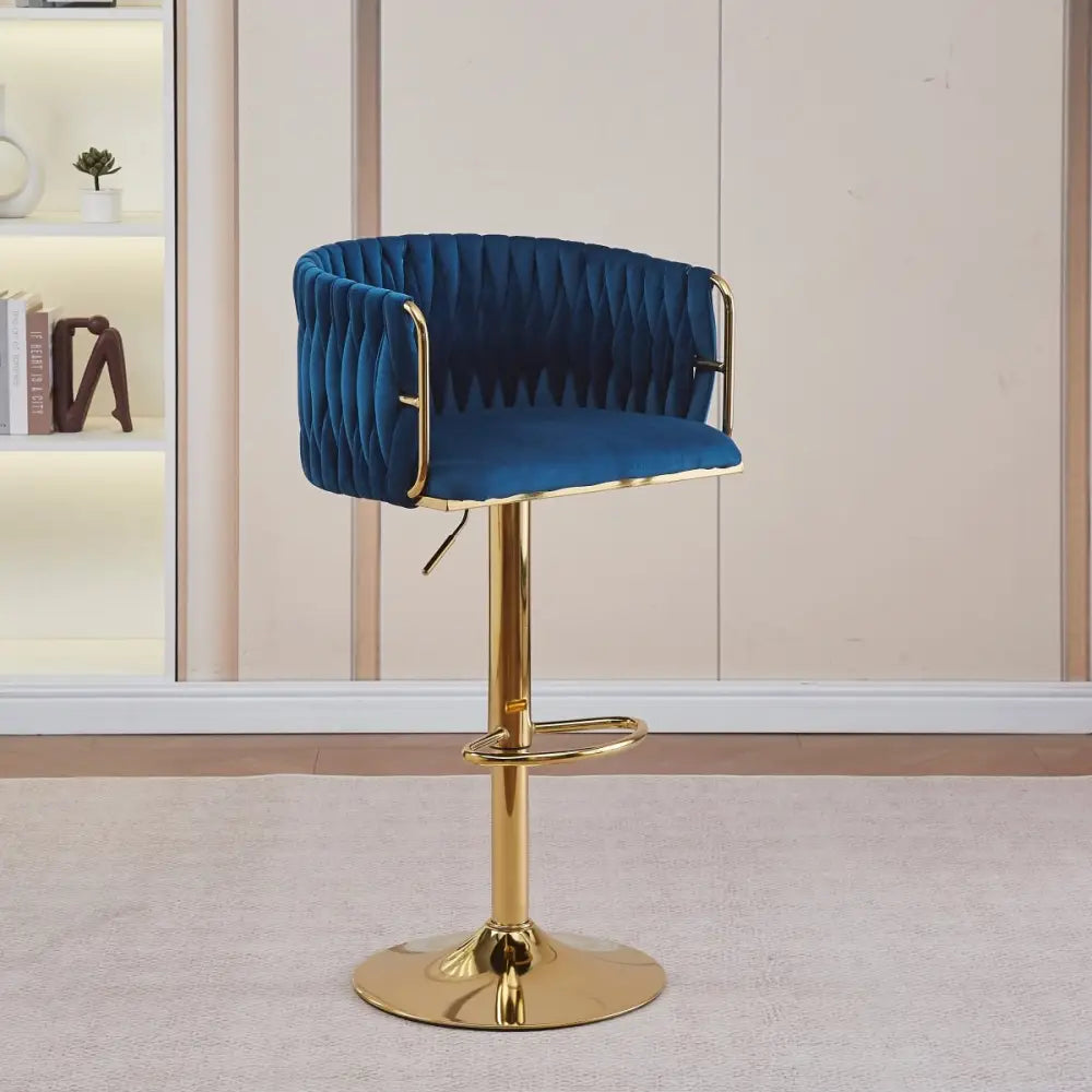 2x Height Adjustable Blue Swivel Bar Stool Velvet Golden Round Base Barstools Chairs - Furniture > Bar Stools & Chairs