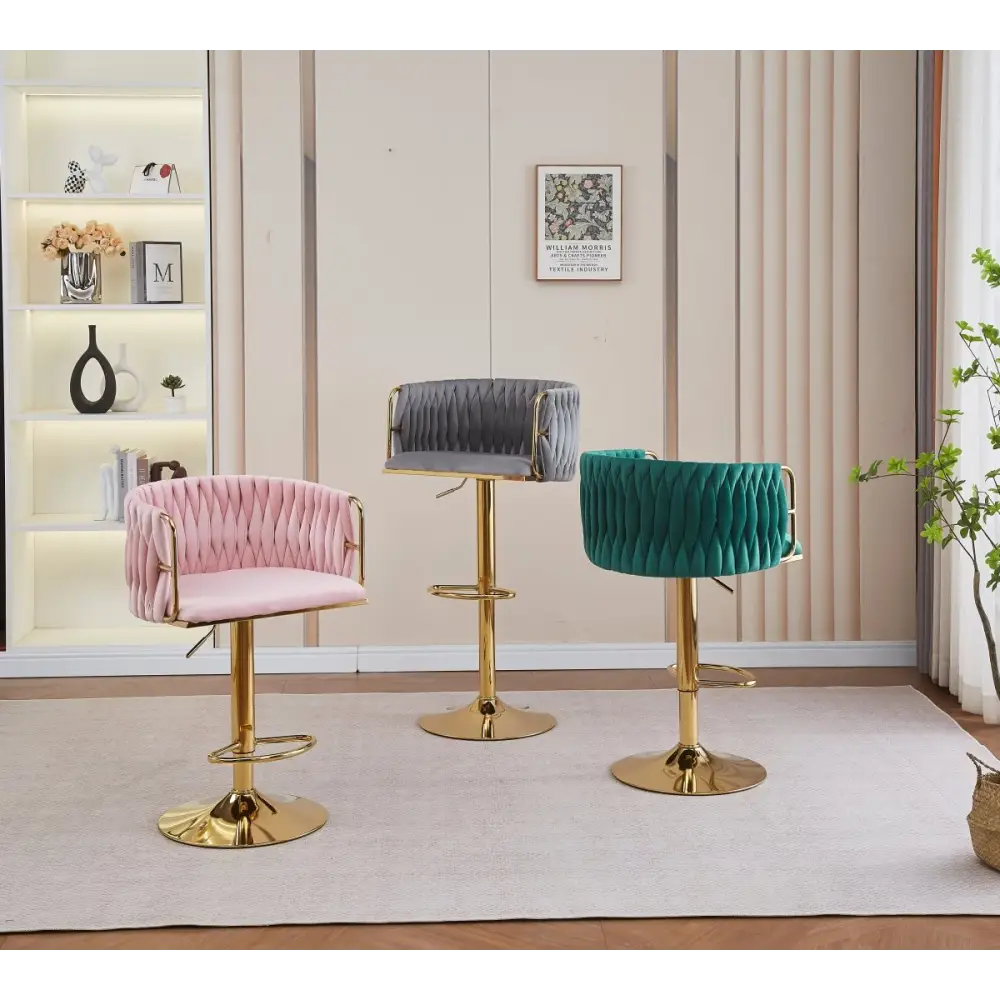 2x Height Adjustable Grey Swivel Bar Stool Velvet Golden Round Base Barstools Chairs - Furniture > Bar Stools & Chairs