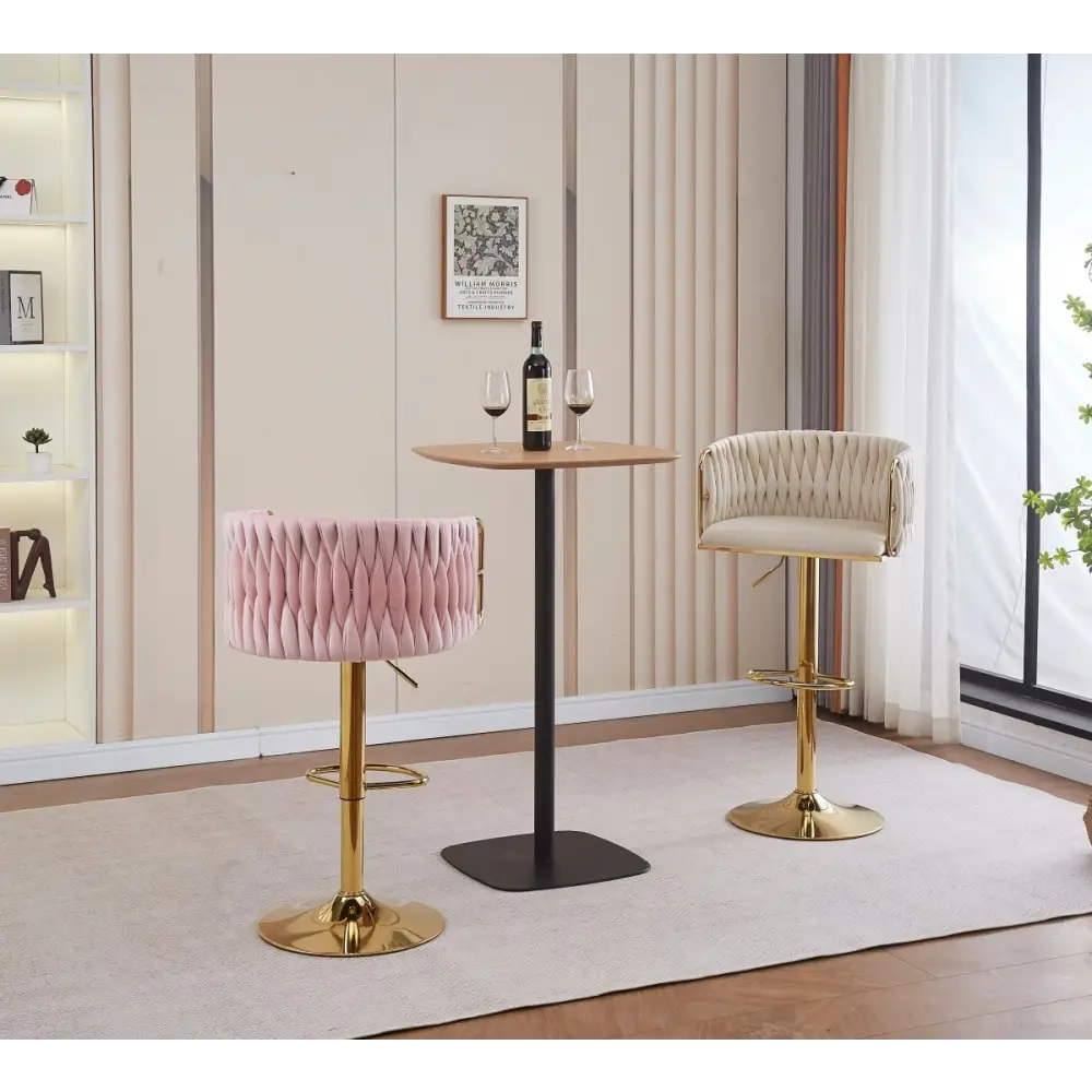 2x Height Adjustable Swivel Bar Stool Velvet Golden Round Base Barstools Chairs - Ivory - Furniture > Bar Stools &