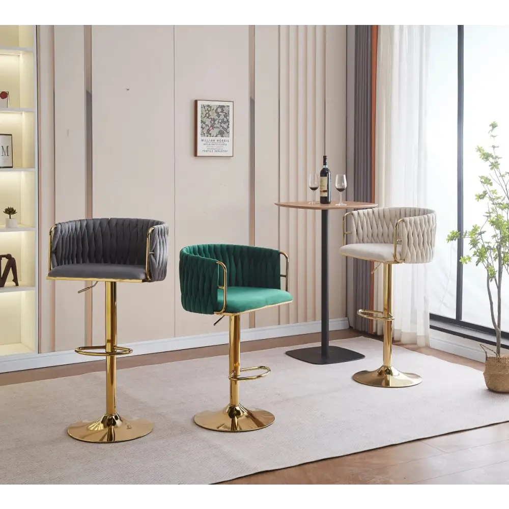 2x Height Adjustable Swivel Bar Stool Velvet Golden Round Base Barstools Chairs - Ivory - Furniture > Bar Stools &
