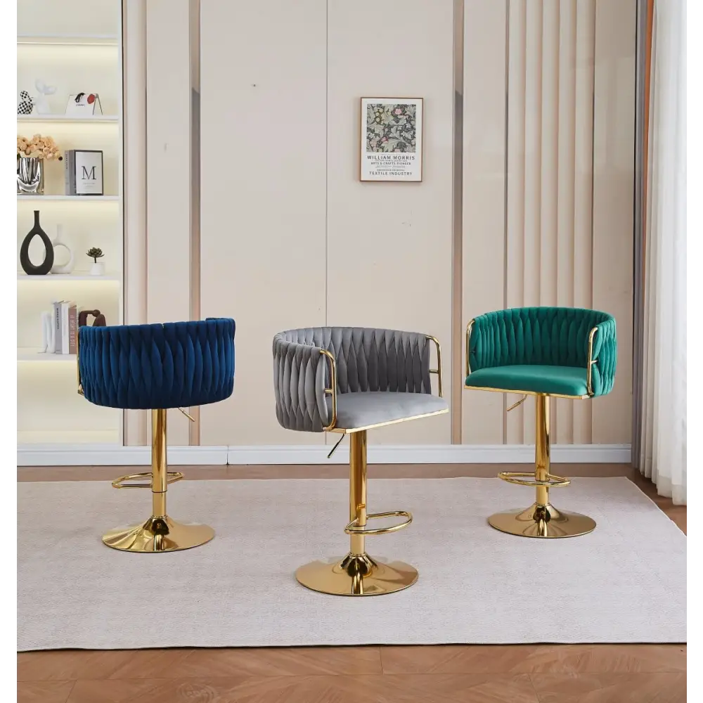 2x Height Adjustable Swivel Bar Stool Velvet Golden Round Base Barstools Chairs - Ivory - Furniture > Bar Stools &