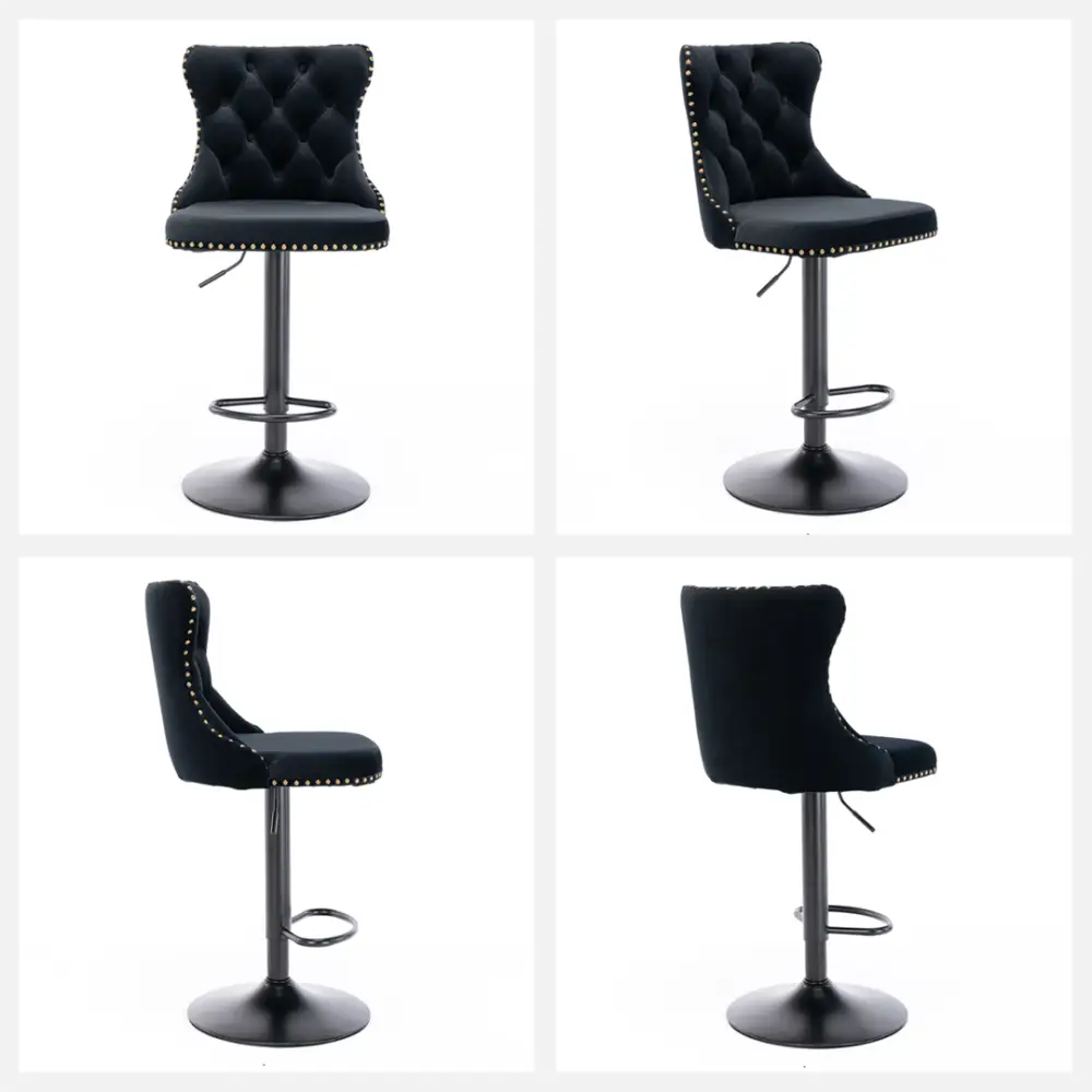 2x Height Adjustable Swivel Bar Stool Velvet Nailhead Barstool with Footrest - Furniture > Bar Stools & Chairs > Table