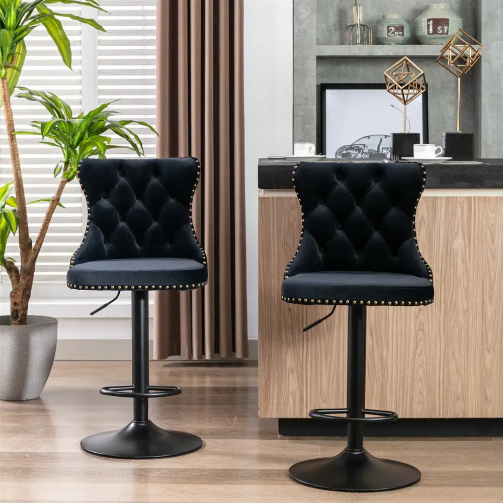 2x Height Adjustable Swivel Bar Stool Velvet Nailhead Barstool with Footrest - Furniture > Bar Stools & Chairs > Table