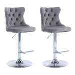 2x Height Adjustable Swivel Bar Stool Velvet Stud Barstool with Footrest and Chromed Base- Gray - Furniture > Bar