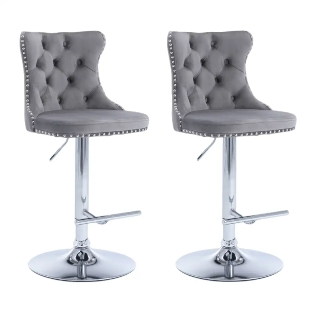 2x Height Adjustable Swivel Bar Stool Velvet Stud Barstool with Footrest and Chromed Base- Gray - Furniture > Bar