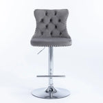 2x Height Adjustable Swivel Bar Stool Velvet Stud Barstool with Footrest and Chromed Base- Gray - Furniture > Bar