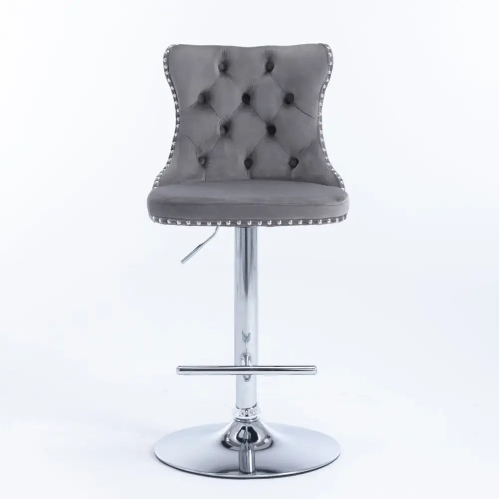 2x Height Adjustable Swivel Bar Stool Velvet Stud Barstool with Footrest and Chromed Base- Gray - Furniture > Bar