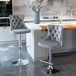 2x Height Adjustable Swivel Bar Stool Velvet Stud Barstool with Footrest and Chromed Base- Gray - Furniture > Bar