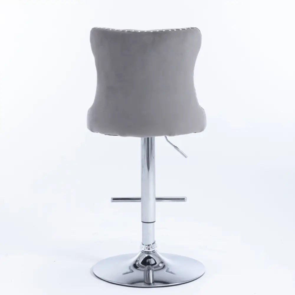 2x Height Adjustable Swivel Bar Stool Velvet Stud Barstool with Footrest and Chromed Base- Gray - Furniture > Bar