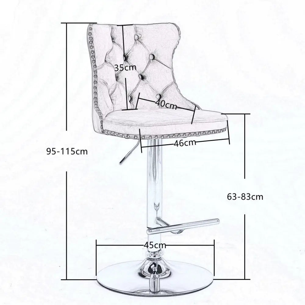 2x Height Adjustable Swivel Bar Stool Velvet Stud Barstool with Footrest and Chromed Base- Gray - Furniture > Bar