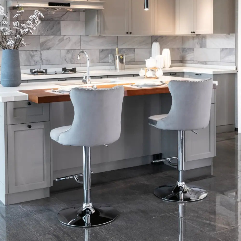 2x Height Adjustable Swivel Bar Stool Velvet Stud Barstool with Footrest and Chromed Base- Gray - Furniture > Bar