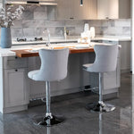 2x Height Adjustable Swivel Bar Stool Velvet Stud Barstool with Footrest and Chromed Base- Gray - Furniture > Bar