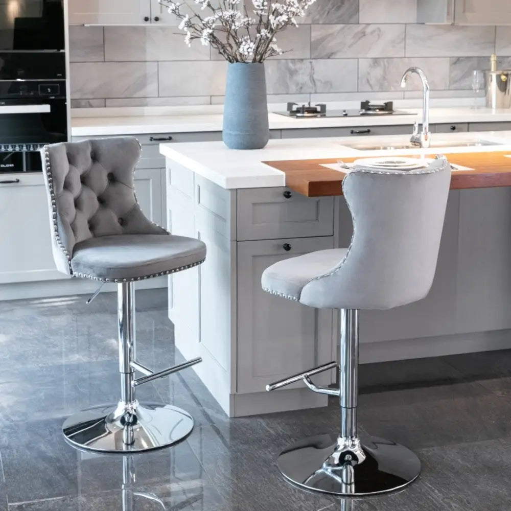 2x Height Adjustable Swivel Bar Stool Velvet Stud Barstool with Footrest and Chromed Base- Gray - Furniture > Bar