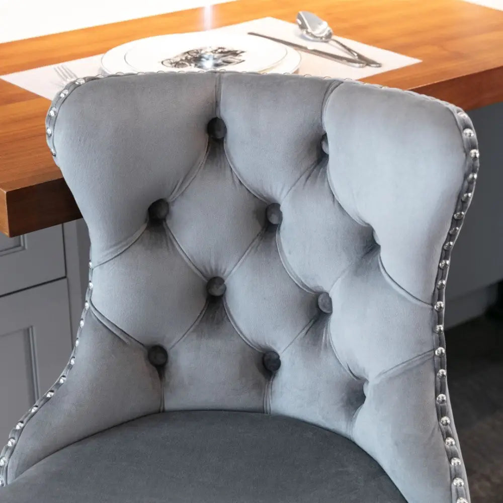 2x Height Adjustable Swivel Bar Stool Velvet Stud Barstool with Footrest and Chromed Base- Gray - Furniture > Bar