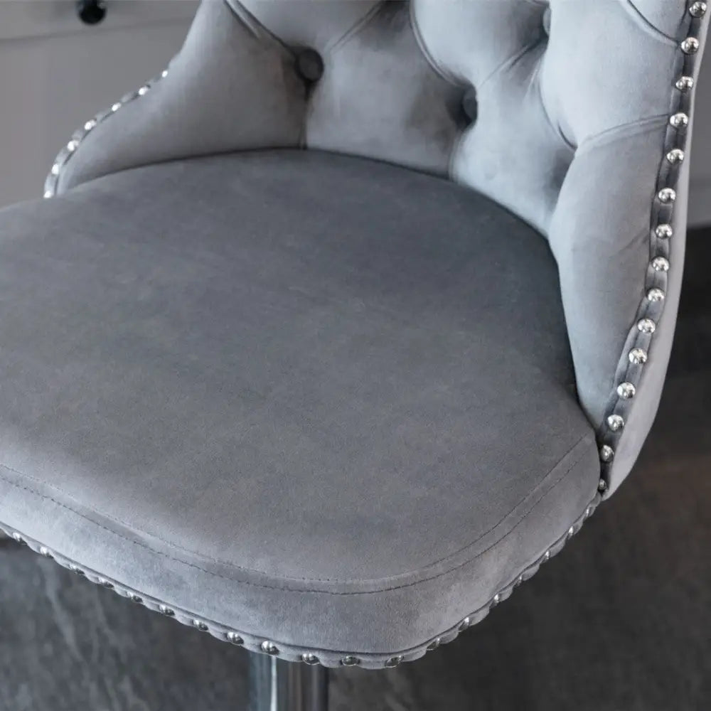 2x Height Adjustable Swivel Bar Stool Velvet Stud Barstool with Footrest and Chromed Base- Gray - Furniture > Bar
