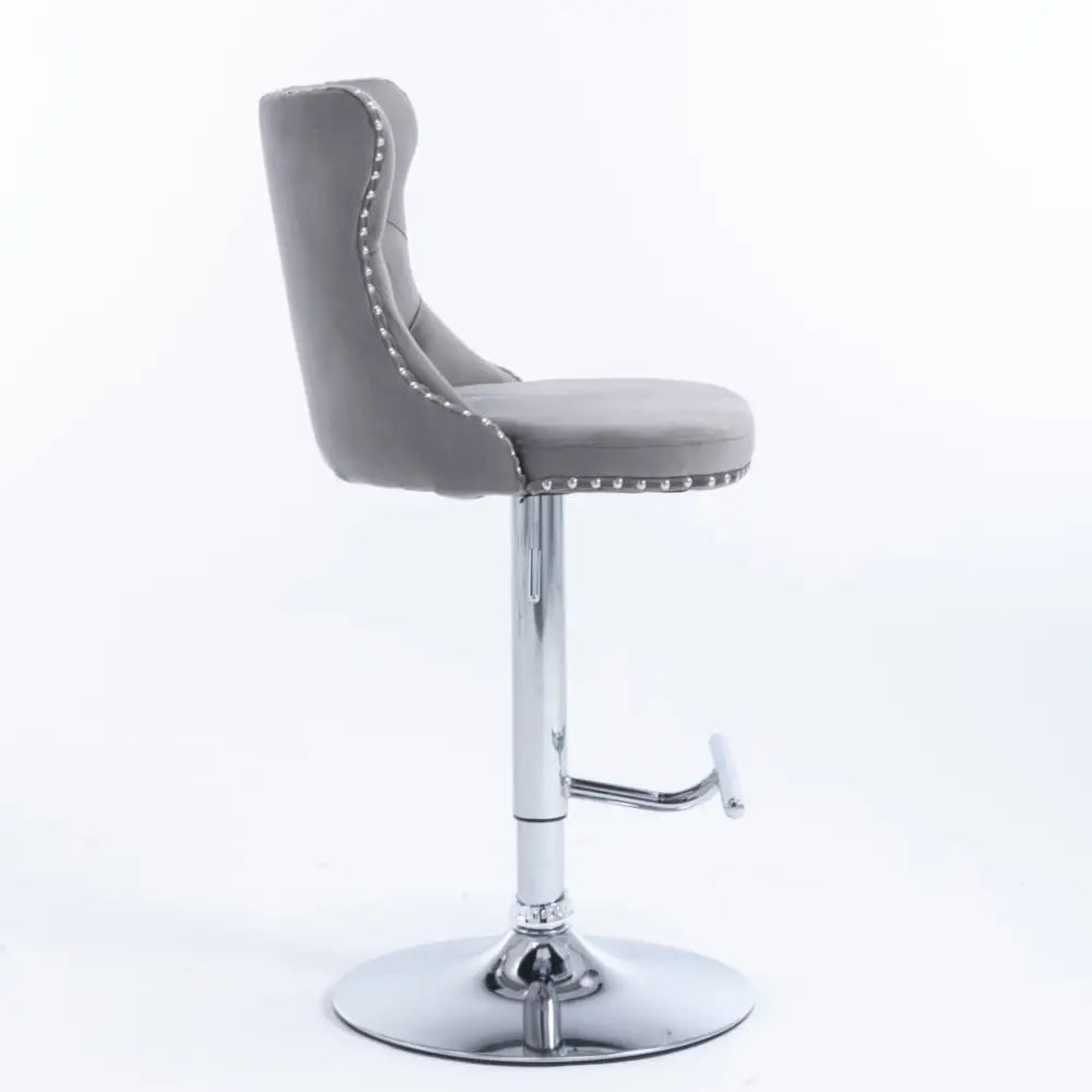 2x Height Adjustable Swivel Bar Stool Velvet Stud Barstool with Footrest and Chromed Base- Gray - Furniture > Bar
