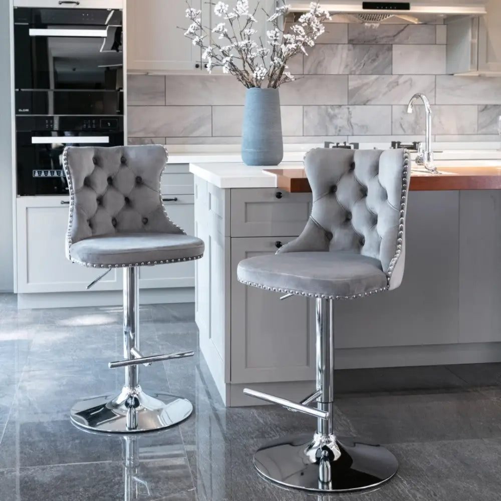 2x Height Adjustable Swivel Bar Stool Velvet Stud Barstool with Footrest and Chromed Base- Gray - Furniture > Bar