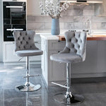 2x Height Adjustable Swivel Bar Stool Velvet Stud Barstool with Footrest and Chromed Base- Gray - Furniture > Bar