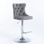 2x Height Adjustable Swivel Bar Stool Velvet Stud Barstool with Footrest and Chromed Base- Gray - Furniture > Bar
