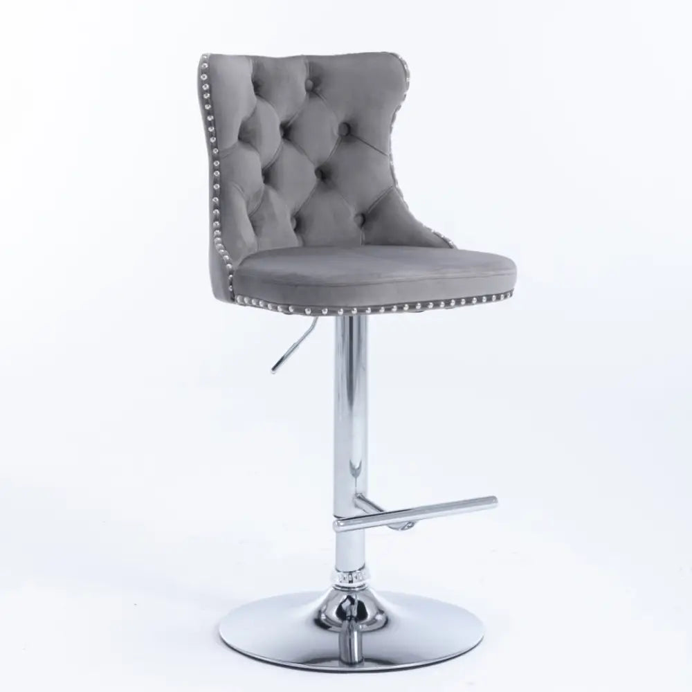 2x Height Adjustable Swivel Bar Stool Velvet Stud Barstool with Footrest and Chromed Base- Gray - Furniture > Bar