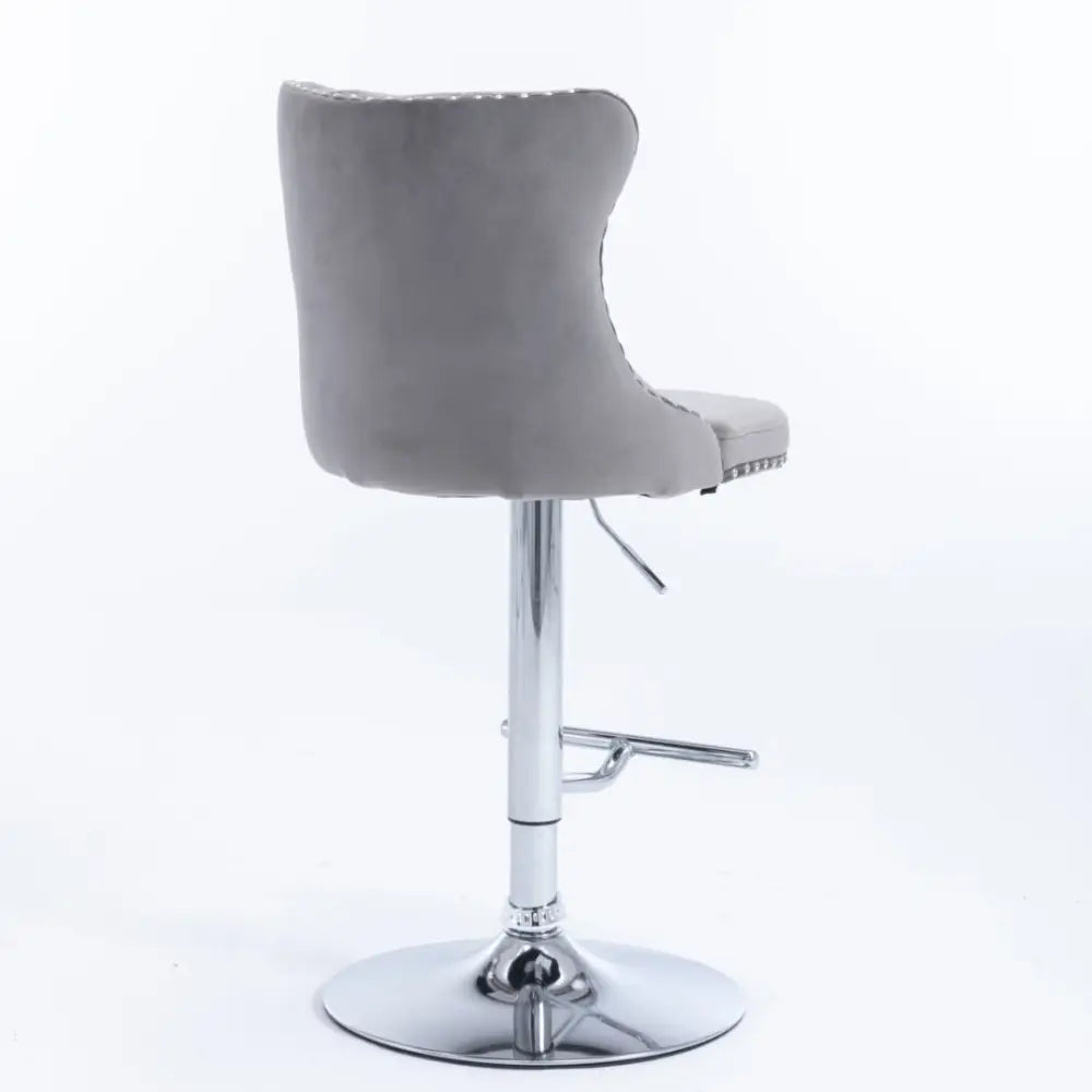 2x Height Adjustable Swivel Bar Stool Velvet Stud Barstool with Footrest and Chromed Base- Gray - Furniture > Bar