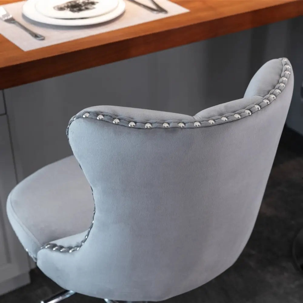 2x Height Adjustable Swivel Bar Stool Velvet Stud Barstool with Footrest and Chromed Base- Gray - Furniture > Bar
